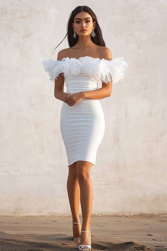 White Bodycon Satin Off the Shoulder Long Graduation Dress with Ruffles