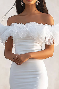 White Bodycon Satin Off the Shoulder Long Graduation Dress with Ruffles