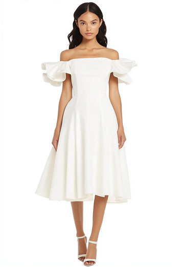 White A Line Satin Off the Shoulder Long Graduation Dress with Ruffles