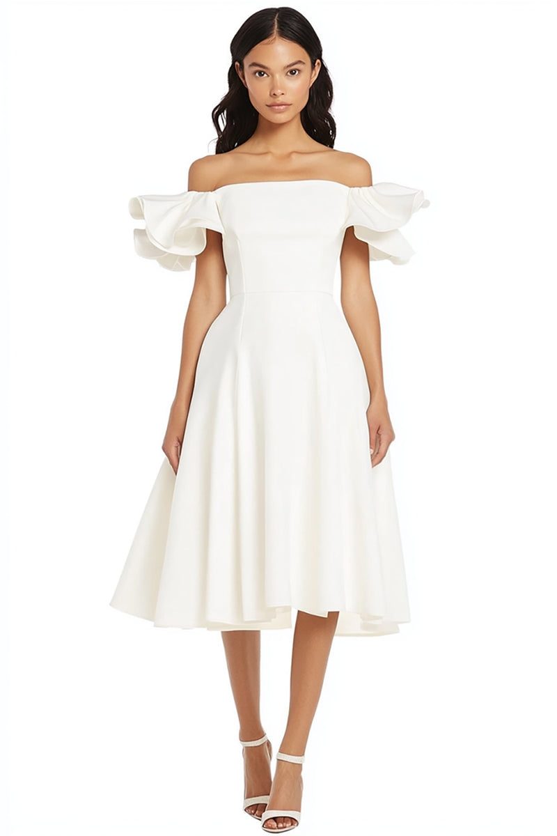 Load image into Gallery viewer, White A Line Satin Off the Shoulder Long Graduation Dress with Ruffles