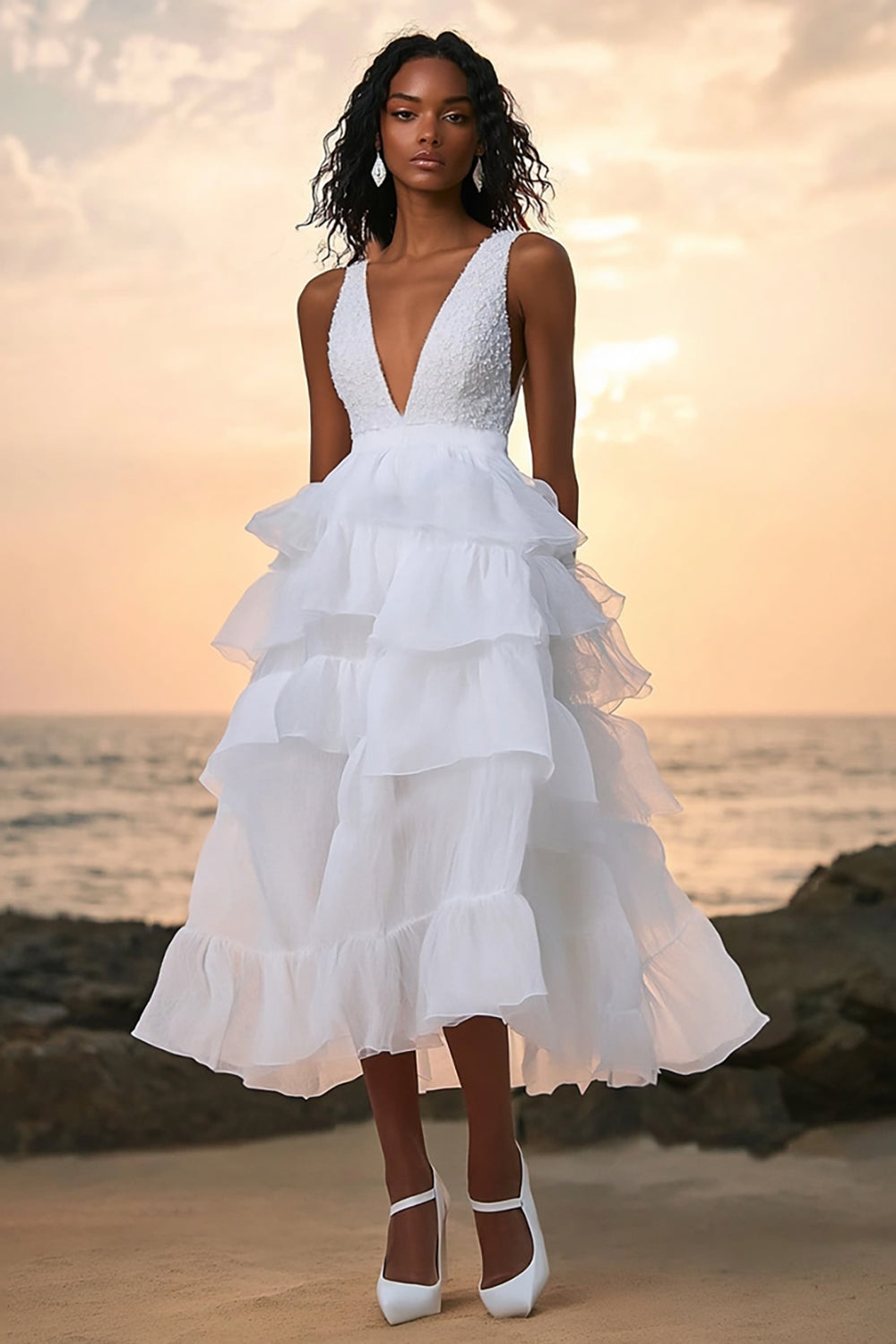 White A Line Tulle Tiered Deep V-Neck Long Graduation Dress