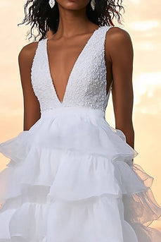 White A Line Tulle Tiered Deep V-Neck Long Graduation Dress