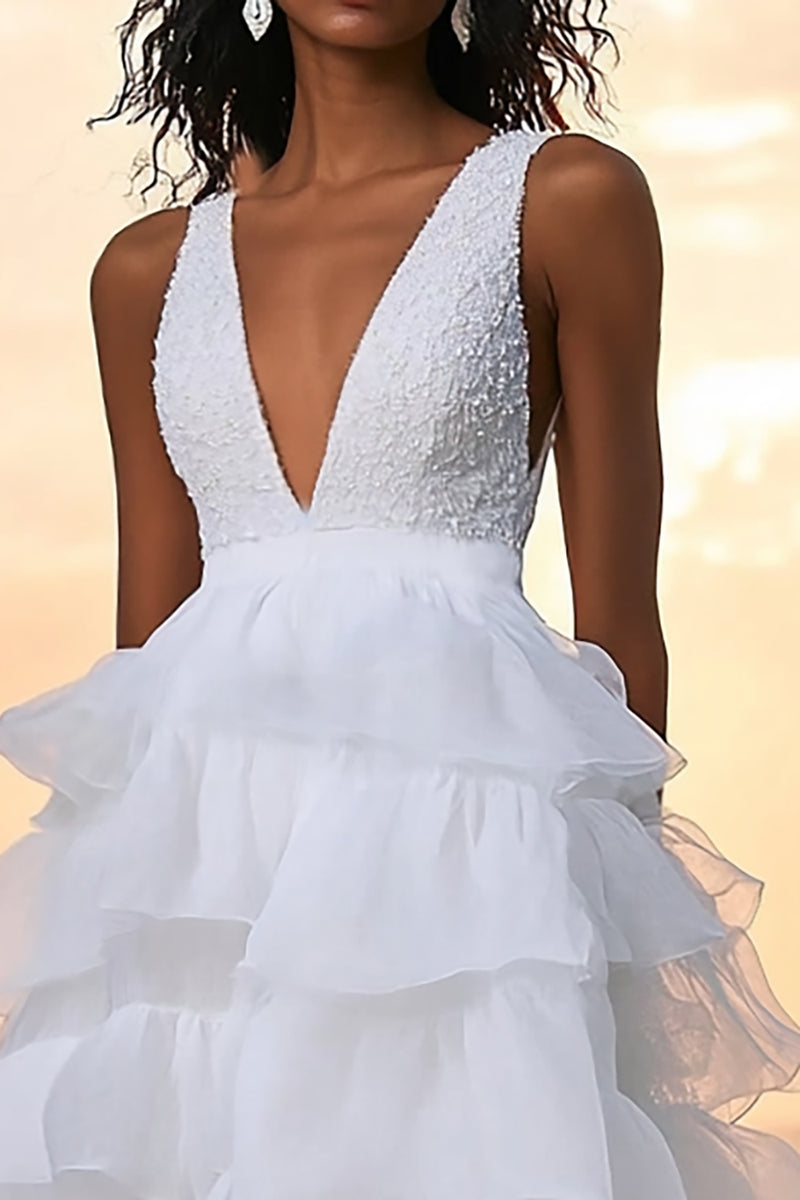 Load image into Gallery viewer, White A Line Tulle Tiered Deep V-Neck Long Graduation Dress