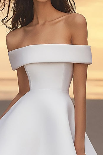 White A Line Satin Off the Shoulder Mini Graduation Dress