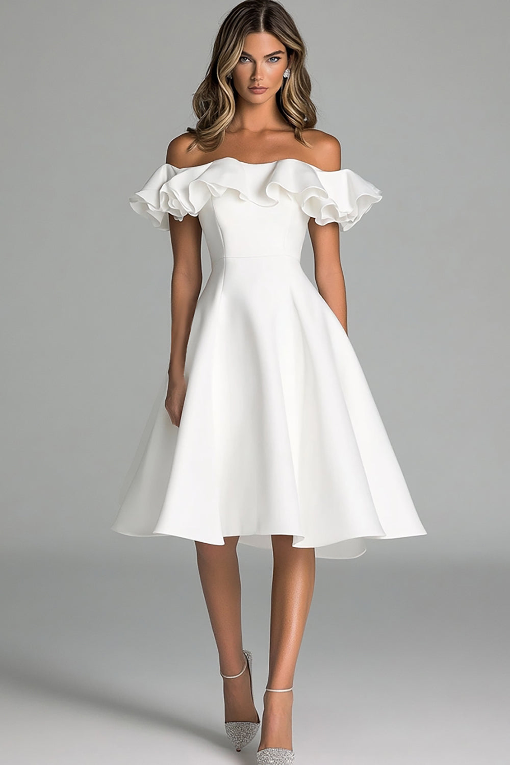 White A Line Satin Off the Shoulder Long Graduation Dress with Ruffles