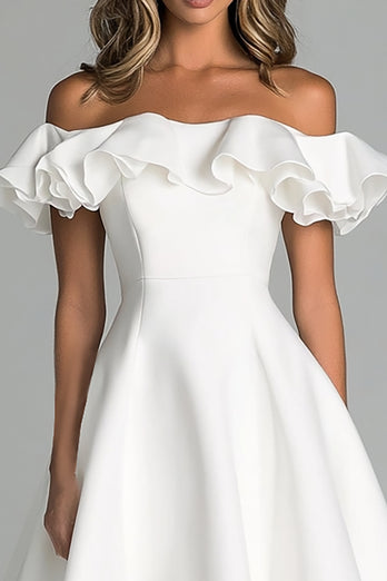 White A Line Satin Off the Shoulder Long Graduation Dress with Ruffles