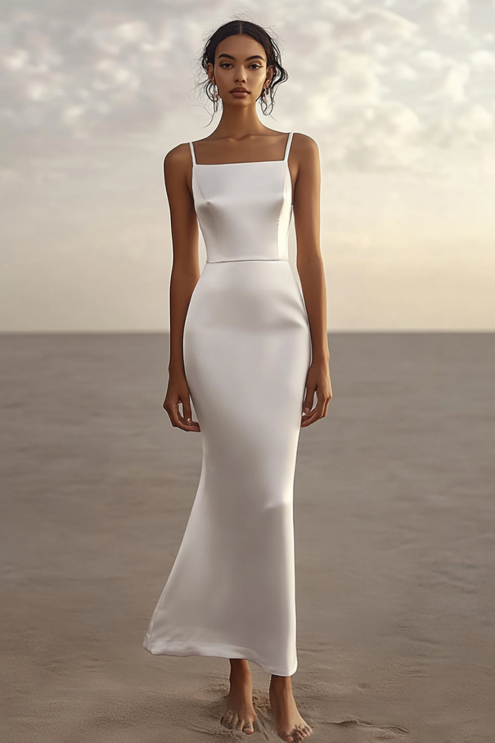 White Sheath Satin Strapless Spaghetti Straps Long Graduation Dress