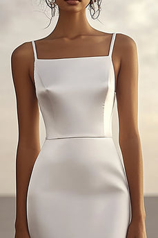 White Sheath Satin Strapless Spaghetti Straps Long Graduation Dress