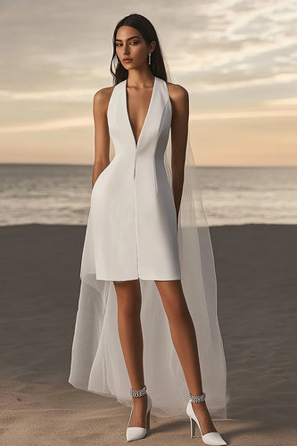 White Sheath Satin Deep V-Neck Short Graduation Dress