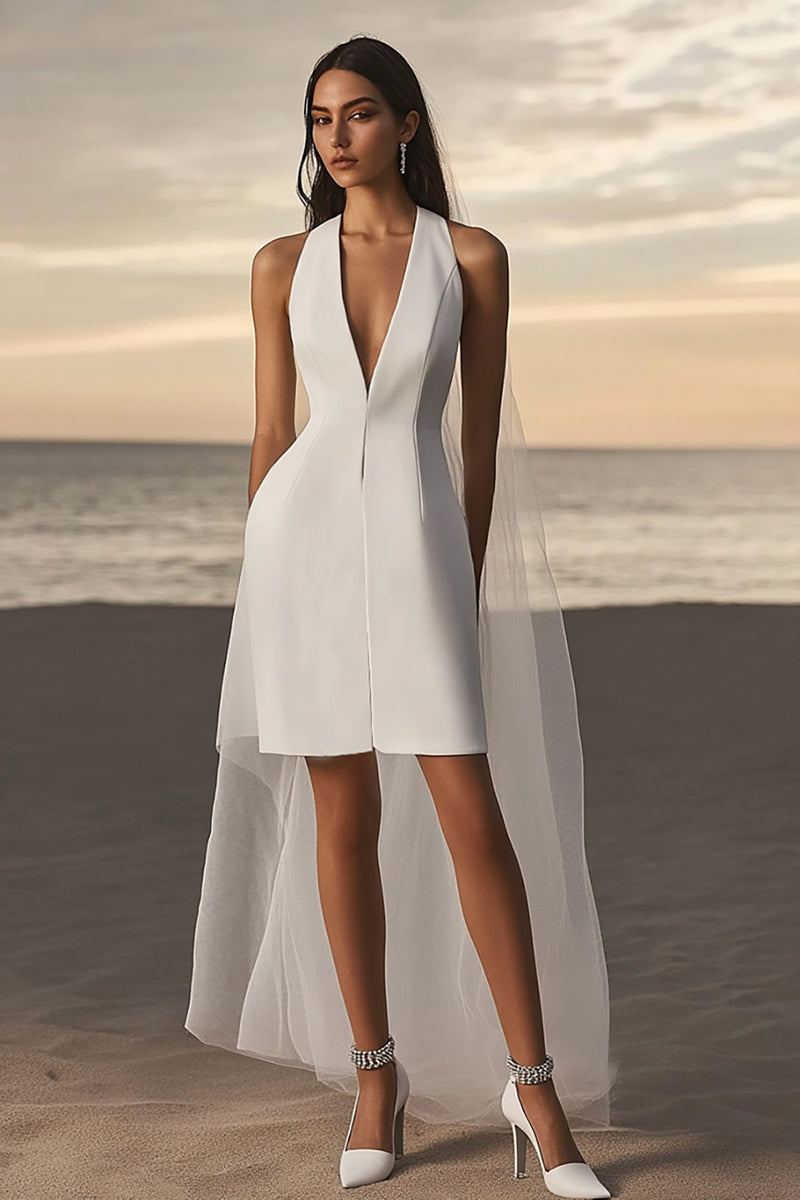 Load image into Gallery viewer, White Sheath Satin Deep V-Neck Short Graduation Dress