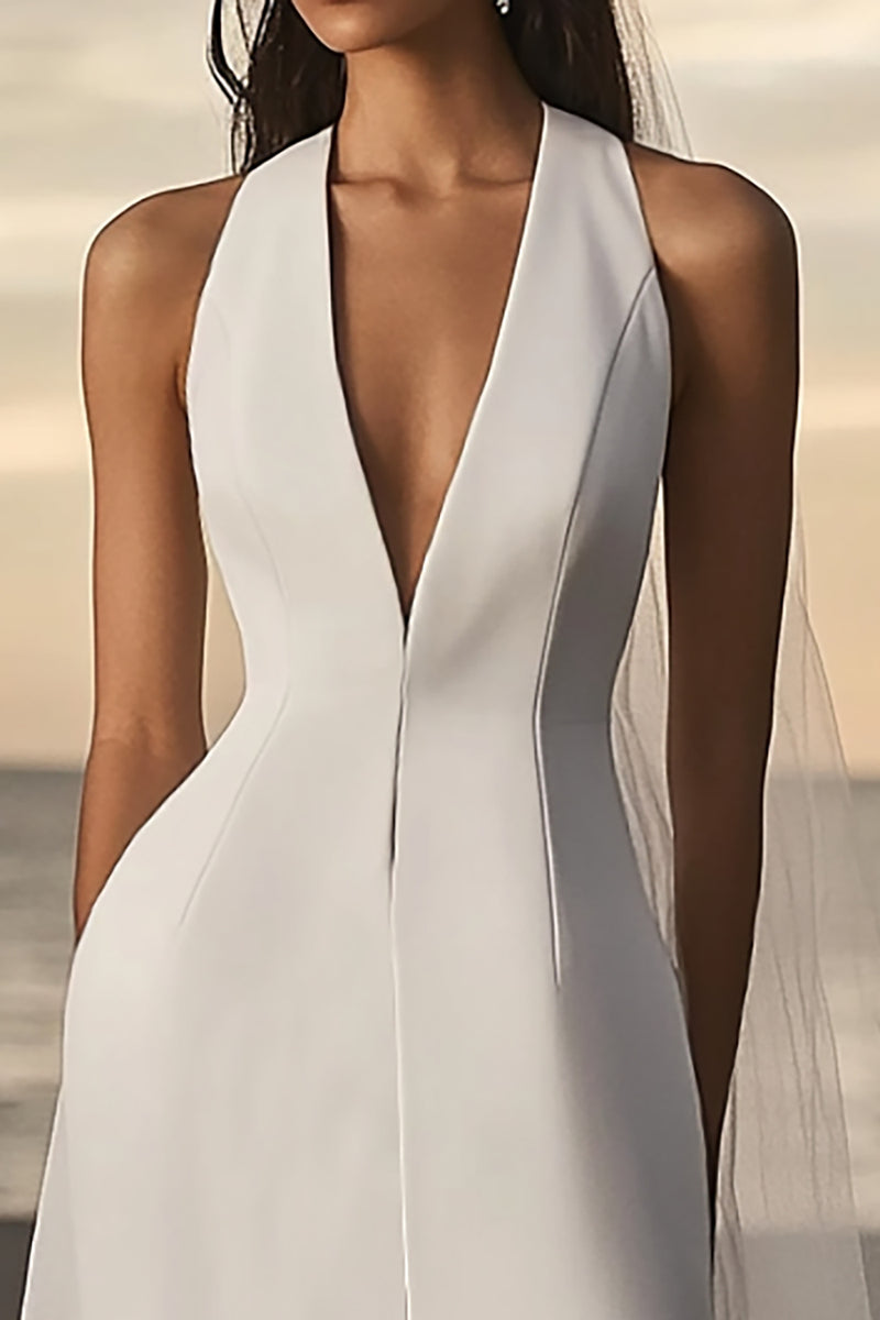 Load image into Gallery viewer, White Sheath Satin Deep V-Neck Short Graduation Dress