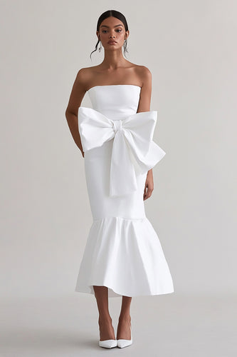 White Sheath Satin Long Graduation Dress with Bowknot