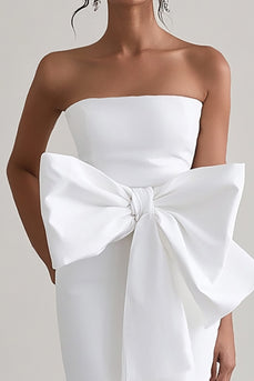 White Sheath Satin Long Graduation Dress with Bowknot