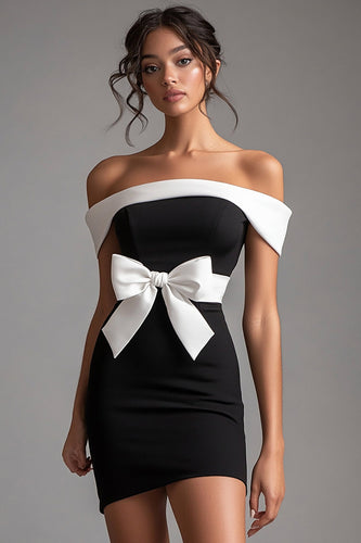 Black Off the Shoulder White Short Little Black Dress with Bow