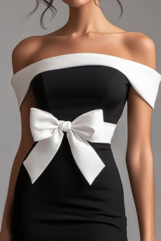 Black Off the Shoulder White Short Little Black Dress with Bow