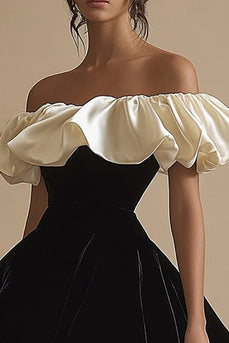 Off the Shoulder Ivory Short Little Black Dress with Ruffles