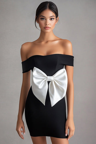 White Off the Shoulder Short Little Black with Bow