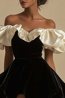 Ivory A Line Ruched Short Little Black Dress with Ruffles