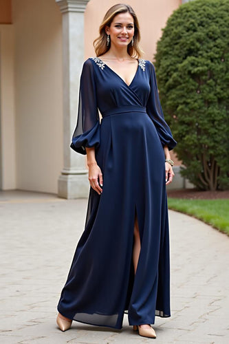 Navy Chiffon Long Sleeves Long Mother of the Bride Dress with Slit