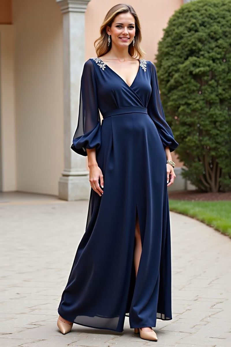 Load image into Gallery viewer, Navy Chiffon Long Sleeves Long Mother of the Bride Dress with Slit