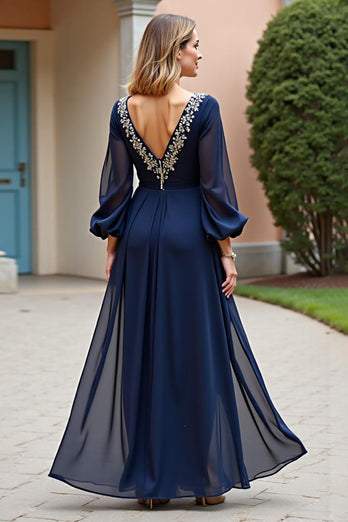 Navy Chiffon Long Sleeves Long Mother of the Bride Dress with Slit