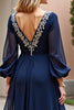 Load image into Gallery viewer, Navy Chiffon Long Sleeves Long Mother of the Bride Dress with Slit