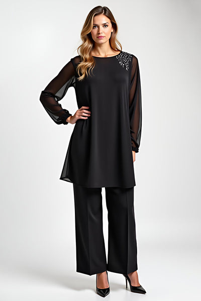 Black 2 Piece Long Sleeves Chiffon Mother of the Bride Pantsuit