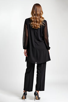 Black 2 Piece Long Sleeves Chiffon Mother of the Bride Pantsuit