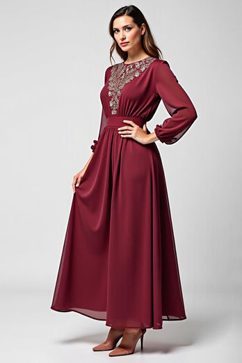 Burgundy Long Sleeves Long Chiffon Mother of the Bride Dress