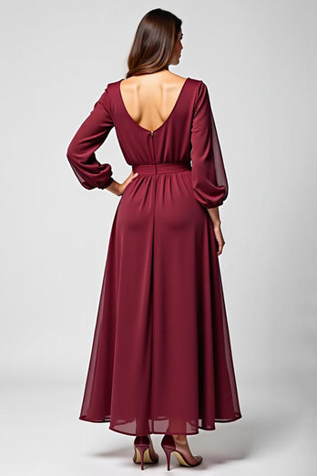 Burgundy Long Sleeves Long Chiffon Mother of the Bride Dress