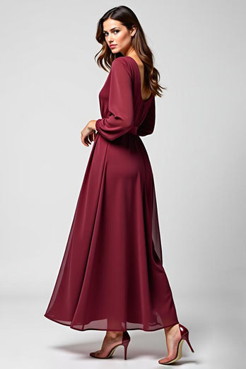 Burgundy Long Sleeves Long Chiffon Mother of the Bride Dress