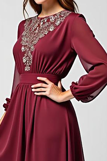 Burgundy Long Sleeves Long Chiffon Mother of the Bride Dress