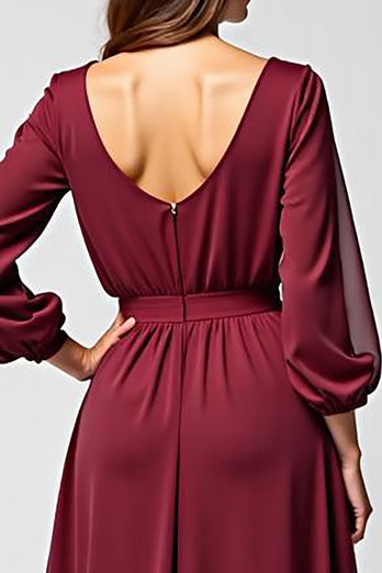 Burgundy Long Sleeves Long Chiffon Mother of the Bride Dress