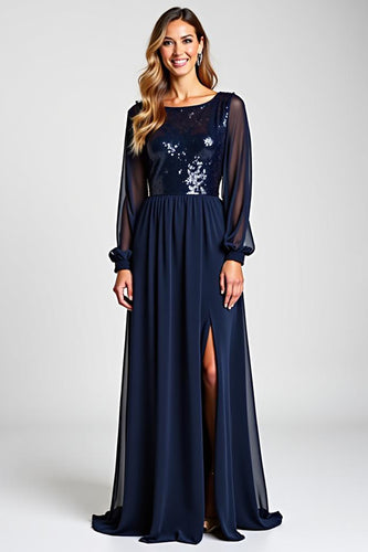 Navy Chiffon Long Sleeves Long Mother of the Bride Dress with Sequins