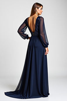 Navy Chiffon Long Sleeves Long Mother of the Bride Dress with Sequins