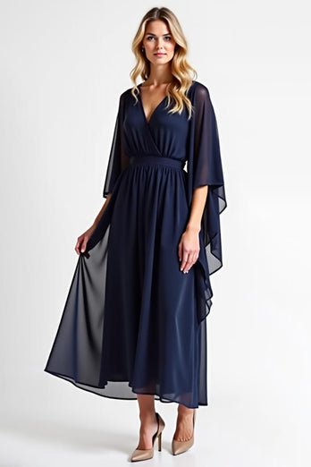 Navy Chiffon Long Sleeves Long Mother of the Bride Dress with Ruffles