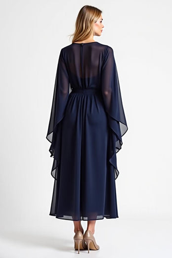 Navy Chiffon Long Sleeves Long Mother of the Bride Dress with Ruffles