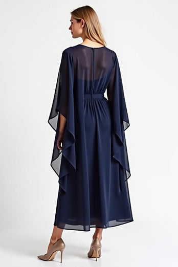 Navy Chiffon Long Sleeves Long Mother of the Bride Dress with Ruffles