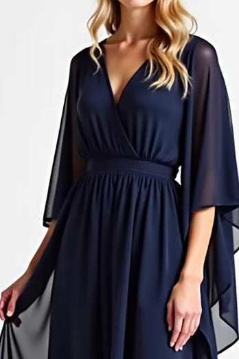 Navy Chiffon Long Sleeves Long Mother of the Bride Dress with Ruffles