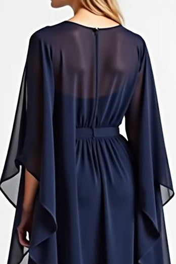 Navy Chiffon Long Sleeves Long Mother of the Bride Dress with Ruffles