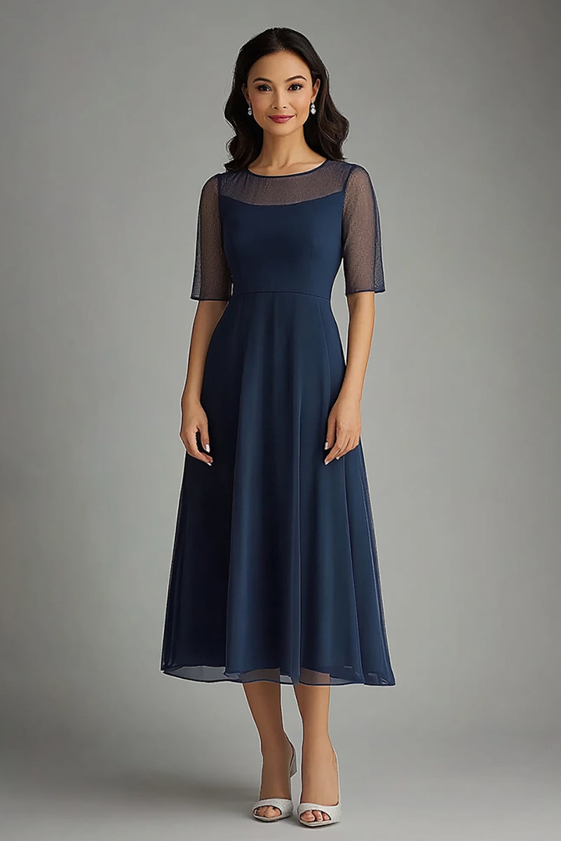 Load image into Gallery viewer, Navy Chiffon Short Sleeves Illsion Neck Long Mother of the Bride Dress