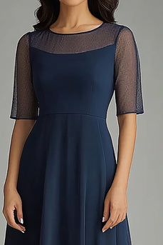 Navy Chiffon Short Sleeves Illsion Neck Long Mother of the Bride Dress