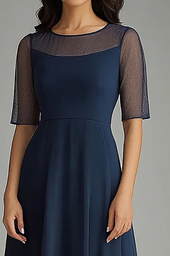 Navy Chiffon Short Sleeves Illsion Neck Long Mother of the Bride Dress