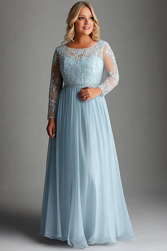 Sky Blue Plus Size Long Sleeves Long Mother of the Bride Dress with Appliques