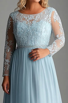 Sky Blue Plus Size Long Sleeves Long Mother of the Bride Dress with Appliques