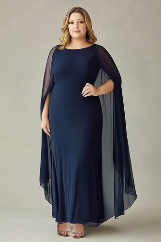 Navy Plus Size Chiffon Long Mother of the Bride Dress with Back Cape