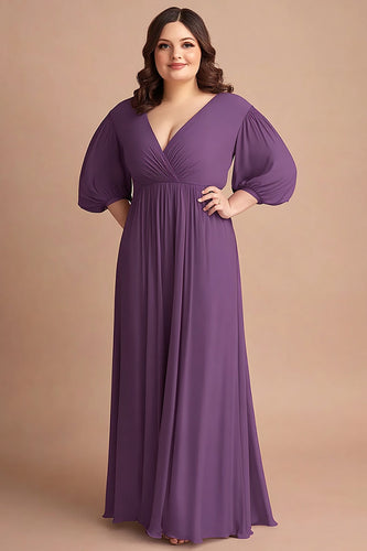 Plum Plus Size V-Neck Chiffon Long Mother of the Bride Dress with Long Sleeves