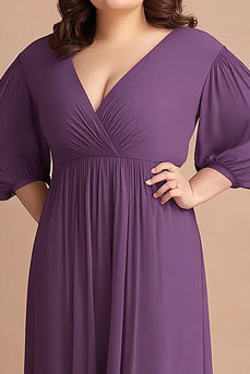 Plum Plus Size V-Neck Chiffon Long Mother of the Bride Dress with Long Sleeves