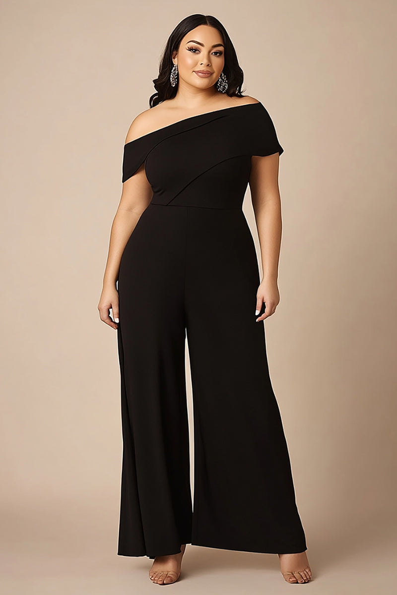 Load image into Gallery viewer, Black Plus Size Off the Shoulder Chiffon Mother of the Bride Pantsuit