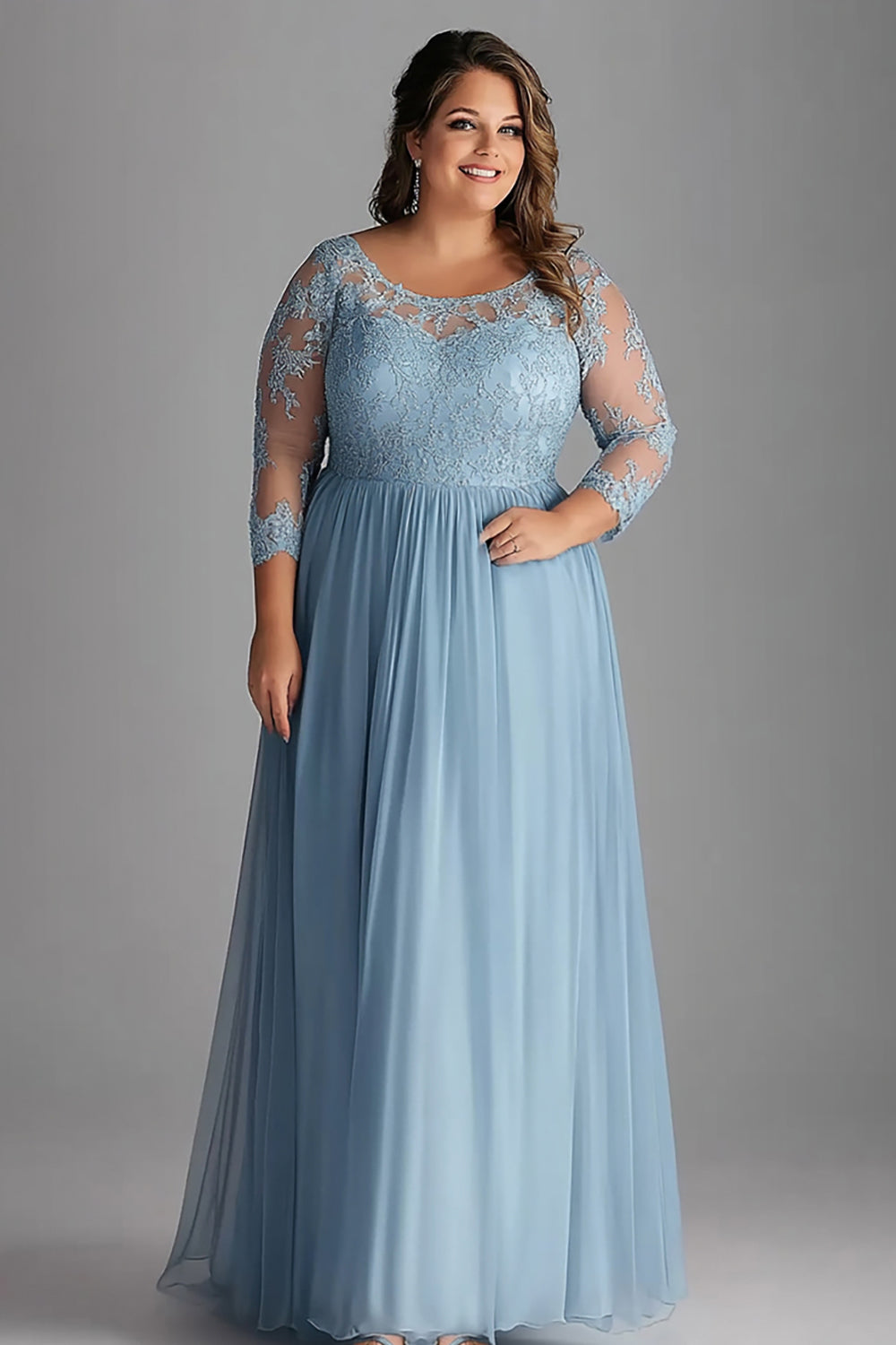 Plus Size Sky Blue Long Sleeves Long Tulle Mother of the Bride Dress